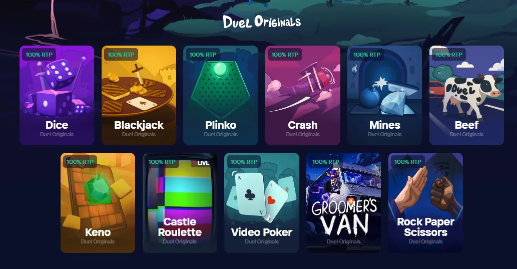 Duel Originals grid including Keno, Castle Roulette, Video Poker and Rock Paper Scissors