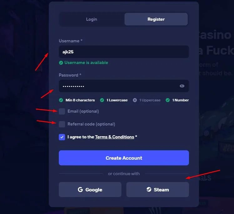 Duel registration form with username, password, optional email and referral code