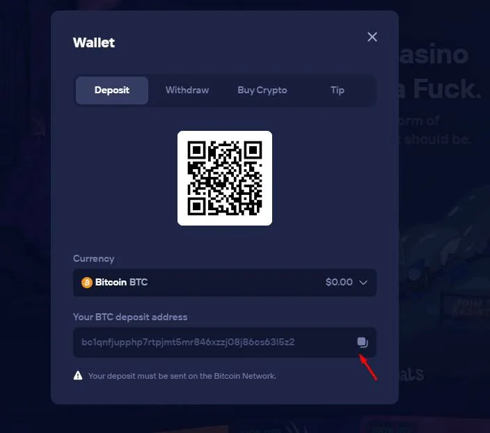Duel Wallet showing a Bitcoin deposit address and copy control